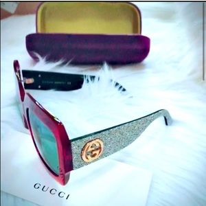 Gucci GG0102S (Blonde Havana/Silver Glitter) Sunglasses NEW